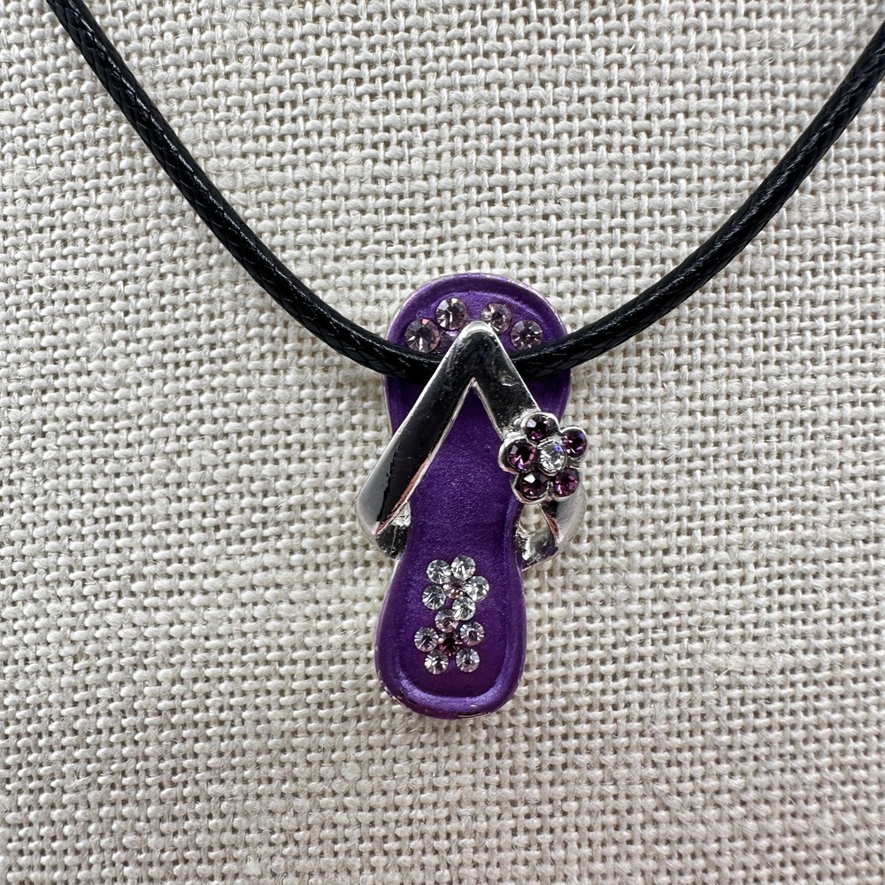 Vintage 90s Purple Enamel Flip Flop Pendant Necklace Glass Accents Black Cord